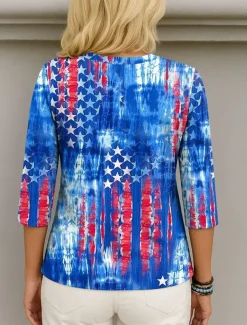 Women's Patriotic Blouse Graphic Flag Elegant Stylish Casual 3/4 Length Sleeve V Neck Regular Tops Daily Holiday Going out Print Blue Summer Spring