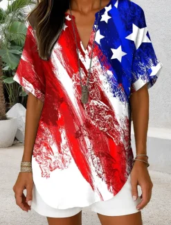Women's Patriotic Blouse Graphic Flag Vintage Daily Stylish Short Sleeve V Neck Regular Tops Daily Holiday Denim Blue Red Blue Dusty Blue Summer Spring