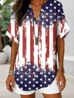 Women's Patriotic Blouse Graphic Flag Vintage Daily Stylish Short Sleeve V Neck Regular Tops Daily Holiday Denim Blue Red Blue Dusty Blue Summer Spring