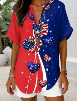 Women's Patriotic Blouse Graphic Flag Vintage Daily Stylish Short Sleeve V Neck Regular Tops Daily Holiday Denim Blue Red Blue Dusty Blue Summer Spring