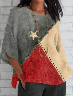 Women's Patriotic Blouse Graphic Flag Bohemia Vintage Tropical 3/4 Length Sleeve Crew Neck Regular Tops Daily Holiday Vacation Wear Print Red Blue Gray Summer Spring