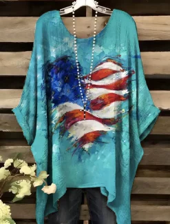 Women's Patriotic Blouse Graphic Flag Elegant Vintage Daily Short Sleeve Batwing Sleeve Crew Neck Daily Holiday Vacation Wear Denim Blue Red Royal Blue Blue Green