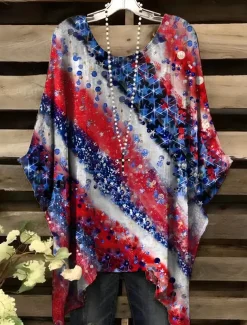 Women's Patriotic Blouse Graphic Flag Elegant Vintage Daily Short Sleeve Batwing Sleeve Crew Neck Daily Holiday Vacation Wear Denim Blue Red Royal Blue Blue Green