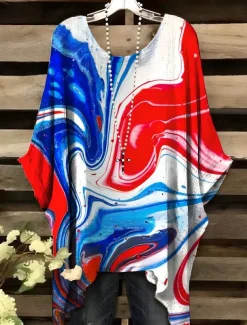 Women's Patriotic Blouse Graphic Flag Elegant Vintage Daily Short Sleeve Batwing Sleeve Crew Neck Daily Holiday Vacation Wear Denim Blue Red Royal Blue Blue Green