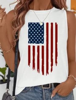 Women's Patriotic Camisole Tank Top Graphic Flag Vintage Tropical Daily Sleeveless Crew Neck Regular Tops Daily Holiday White Dark Gray Beige Summer Spring
