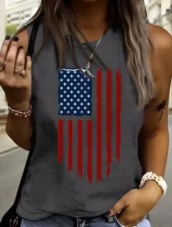 Women's Patriotic Camisole Tank Top Graphic Flag Vintage Tropical Daily Sleeveless Crew Neck Regular Tops Daily Holiday White Dark Gray Beige Summer Spring