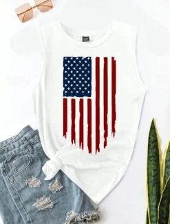 Women's Patriotic Camisole Tank Top Graphic Flag Vintage Tropical Daily Sleeveless Crew Neck Regular Tops Daily Holiday White Dark Gray Beige Summer Spring
