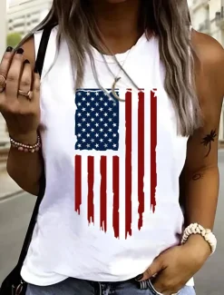 Women's Patriotic Camisole Tank Top Graphic Flag Vintage Tropical Daily Sleeveless Crew Neck Regular Tops Daily Holiday White Dark Gray Beige Summer Spring