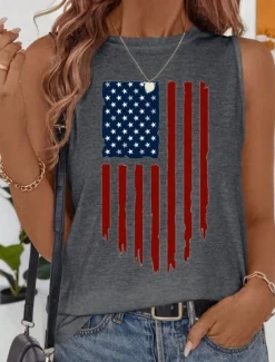 Women's Patriotic Camisole Tank Top Graphic Flag Vintage Tropical Daily Sleeveless Crew Neck Regular Tops Daily Holiday White Dark Gray Beige Summer Spring