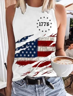 Women's Patriotic Camisole Tank Top Graphic Flag Daily Stylish Casual Sleeveless Crew Neck Regular Tops Daily Holiday White Red Blue Summer Spring