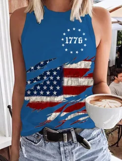 Women's Patriotic Camisole Tank Top Graphic Flag Daily Stylish Casual Sleeveless Crew Neck Regular Tops Daily Holiday White Red Blue Summer Spring