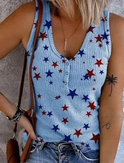 Women's Patriotic Camisole Tank Top Graphic Flag Vintage Tropical Stylish Sleeveless V Neck Regular Tops Daily Print White Pink Blue Summer Spring