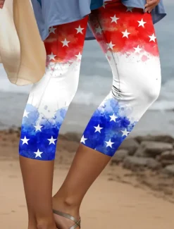 Women's Patriotic Capri Pants Leggings Vintage Fashion Casual Calf-Length High Waist Pants Graphic American Flag Printing Breathable Soft Stretchy Vacation