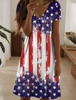 Women's Patriotic Dress Mini Dress Casual Dress Stylish Casual Daily Regular Fit Flag Red White And Blue Short Sleeve Crew Neck Blue Summer