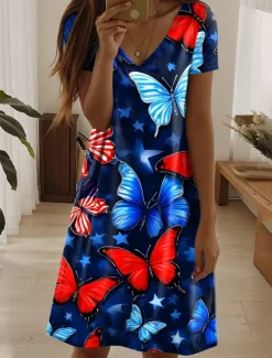 Women's Patriotic Dress Mini Dress Casual Dress Stylish Casual Daily Regular Fit Flag Red White And Blue Short Sleeve Crew Neck Blue Summer