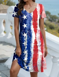 Women's Patriotic Dress Mini Dress Casual Dress Petite Dress T Shirt Dress Casual Vacation Birthday Casual Loose Fit Flag Red White And Blue Short Sleeve V Neck