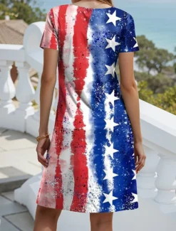 Women's Patriotic Dress Mini Dress Casual Dress Petite Dress T Shirt Dress Casual Vacation Birthday Casual Loose Fit Flag Red White And Blue Short Sleeve V Neck
