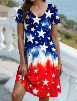 Women's Patriotic Dress Mini Dress Casual Dress Petite Dress T Shirt Dress Casual Vacation Birthday Casual Loose Fit Flag Red White And Blue Short Sleeve V Neck
