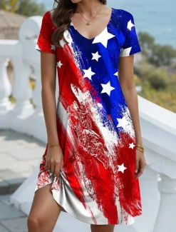 Women's Patriotic Dress Mini Dress Casual Dress Petite Dress T Shirt Dress Casual Vacation Birthday Casual Loose Fit Flag Red White And Blue Short Sleeve V Neck
