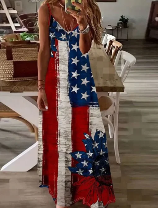 Women's Patriotic Dress Maxi Dress Sundress A Line Dress Slip Dress Vacation Casual Going out Beach Regular Fit Graphic National Flag Sleeveless V Neck Red