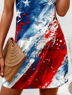 Women's Patriotic Dress Mini Dress Sundress A Line Dress Off The Shoulder Dress Vacation Casual Boho Party Regular Fit Graphic Flag Abstract Sleeveless U Neck Blue