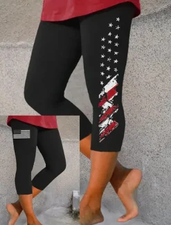 Women's Patriotic Leggings Vacation Vintage Fashion Calf-Length High WaistPants Graphic Flag Printing Breathable Soft Stretchy Formal Vacation Office Black Slim Fit