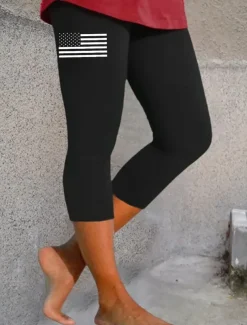 Women's Patriotic Leggings Vacation Vintage Fashion Calf-Length High WaistPants Graphic Flag Printing Breathable Soft Stretchy Formal Vacation Office Black Slim Fit
