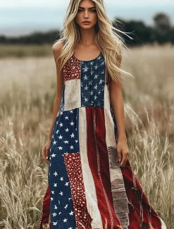 Women's Patriotic Maxi Dress A Line Dress Dress Off The Shoulder Dress Vacation Casual Party Street Regular Fit Graphic Flag Sleeveless Square Neck Scoop Neck Red Blue