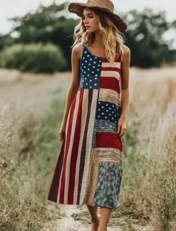 Women's Patriotic Maxi Dress A Line Dress Dress Off The Shoulder Dress Vacation Casual Party Street Regular Fit Graphic Flag Sleeveless Square Neck Scoop Neck Red Blue