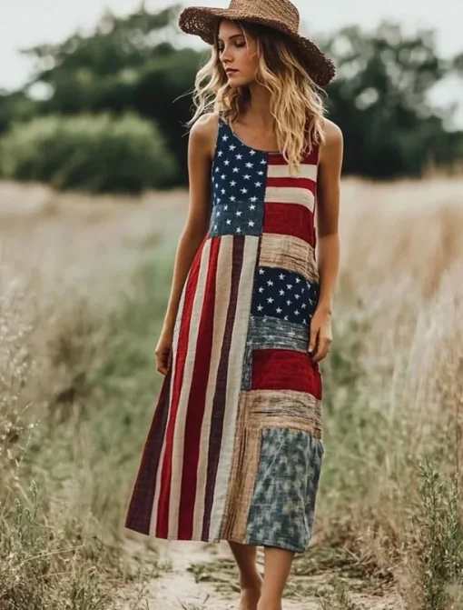 Women's Patriotic Maxi Dress A Line Dress Dress Off The Shoulder Dress Vacation Casual Party Street Regular Fit Graphic Flag Sleeveless Square Neck Scoop Neck Red Blue