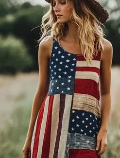 Women's Patriotic Maxi Dress A Line Dress Dress Off The Shoulder Dress Vacation Casual Party Street Regular Fit Graphic Flag Sleeveless Square Neck Scoop Neck Red Blue