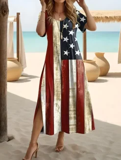 Women's Patriotic Maxi Dress Long Sleeve Boho Dress Elegant Vintage Butterfly Sleeve Vacation Beach Regular Fit Flag Vintage Short Sleeve Crew Neck Blue Summer