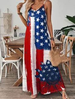 Women's Patriotic Maxi Dress A Line Dress Slip Dress Vacation Casual Outdoor Going out Regular Fit Graphic American Flag Sleeveless V Neck Spaghetti Strap Blue