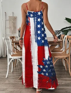 Women's Patriotic Maxi Dress A Line Dress Slip Dress Vacation Casual Outdoor Going out Regular Fit Graphic American Flag Sleeveless V Neck Spaghetti Strap Blue