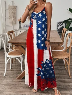 Women's Patriotic Maxi Dress A Line Dress Slip Dress Vacation Casual Outdoor Going out Regular Fit Graphic American Flag Sleeveless V Neck Spaghetti Strap Blue