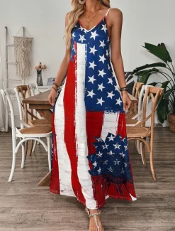 Women's Patriotic Maxi Dress A Line Dress Slip Dress Vacation Casual Outdoor Going out Regular Fit Graphic American Flag Sleeveless V Neck Spaghetti Strap Blue