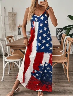 Women's Patriotic Maxi Dress A Line Dress Slip Dress Vacation Casual Outdoor Going out Regular Fit Graphic American Flag Sleeveless V Neck Spaghetti Strap Blue