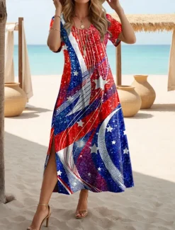 Women's Patriotic Maxi Dress T Shirt Dress Tee Dress Sundress Casual Butterfly Sleeve Beach Regular Fit Graphic Stars and Stripes Short Sleeve Crewneck Red Blue
