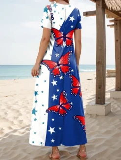 Women's Patriotic Maxi Dress T Shirt Dress Tee Dress Sundress Casual Butterfly Sleeve Beach Regular Fit Graphic Stars and Stripes Short Sleeve Crewneck Red Blue