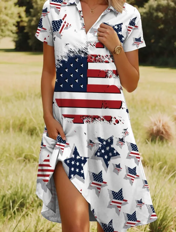 Women's Patriotic Midi Dress A Line Dress Vacation Casual Beach Daily Beach Regular Fit Graphic Stars and Stripes Short Sleeve V Neck Red Blue Purple Green Summer