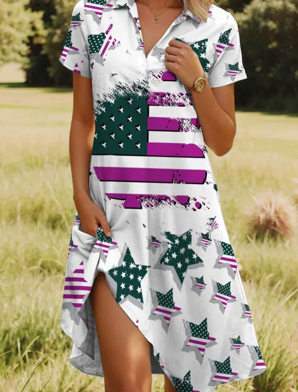 Women's Patriotic Midi Dress A Line Dress Vacation Casual Beach Daily Beach Regular Fit Graphic Stars and Stripes Short Sleeve V Neck Red Blue Purple Green Summer