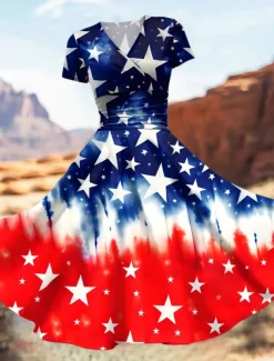 Women's Patriotic Midi Dress Dress Fit And Flare Dress Party Casual Daily Holiday Graphic Flag Stars and Stripes Short Sleeve V Neck Royal Blue Blue Dark Blue