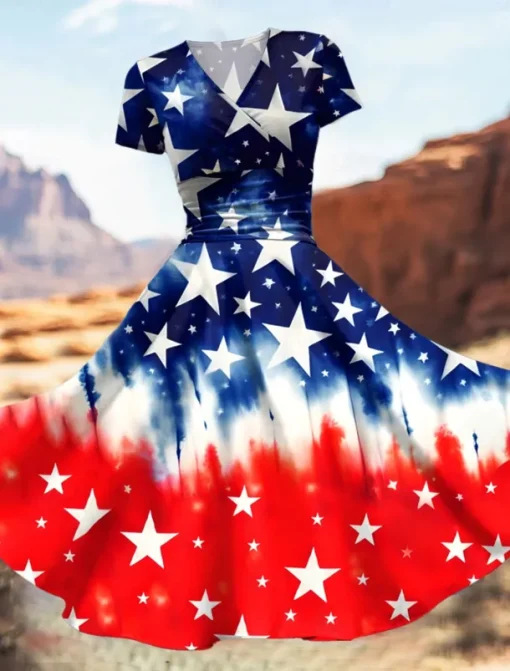 Women's Patriotic Midi Dress Dress Fit And Flare Dress Party Casual Daily Holiday Graphic Flag Stars and Stripes Short Sleeve V Neck Royal Blue Blue Dark Blue