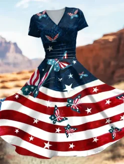 Women's Patriotic Midi Dress Dress Fit And Flare Dress Party Casual Daily Holiday Graphic Flag Stars and Stripes Short Sleeve V Neck Royal Blue Blue Dark Blue