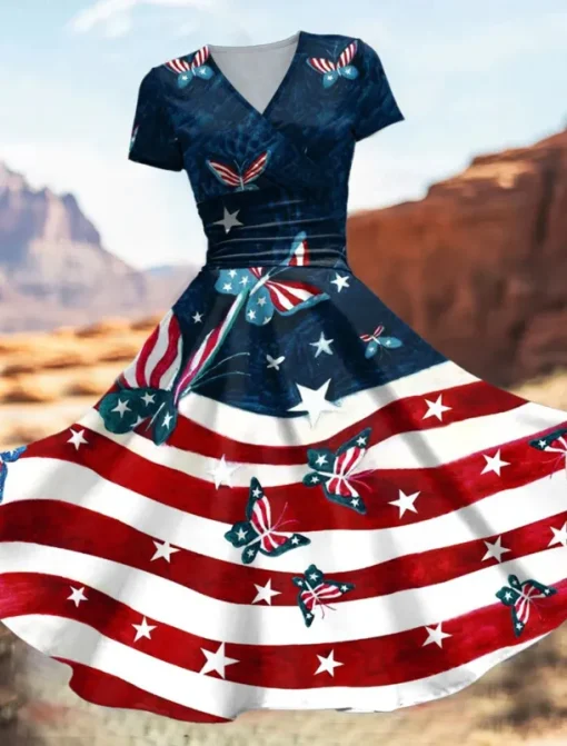 Women's Patriotic Midi Dress Dress Fit And Flare Dress Party Casual Daily Holiday Graphic Flag Stars and Stripes Short Sleeve V Neck Royal Blue Blue Dark Blue