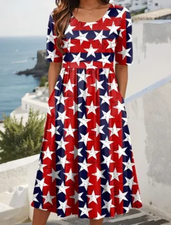 Women's Patriotic Midi Dress Summer Dress Pleated Dress Vacation Casual Holiday Loose Fit Graphic Striped American Flag Half Sleeve Crew Neck Red Blue Dark Blue Summer