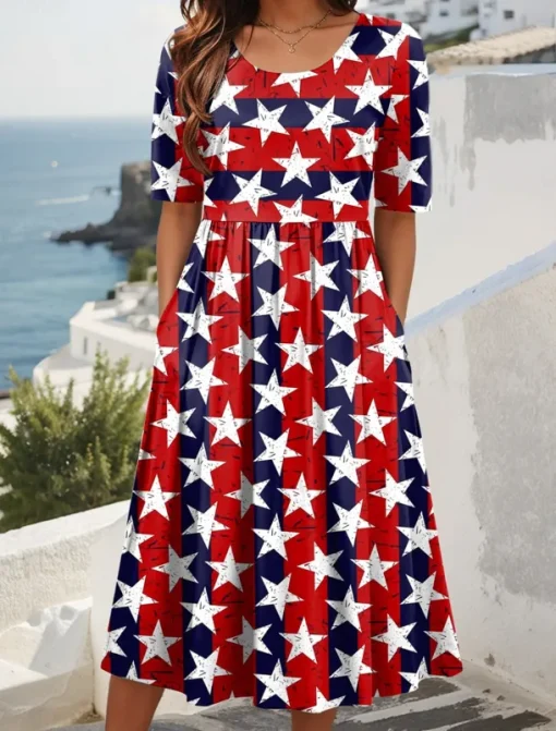 Women's Patriotic Midi Dress Summer Dress Pleated Dress Vacation Casual Holiday Loose Fit Graphic Striped American Flag Half Sleeve Crew Neck Red Blue Dark Blue Summer