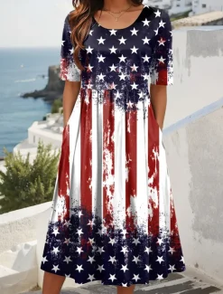 Women's Patriotic Midi Dress Summer Dress Pleated Dress Vacation Casual Holiday Loose Fit Graphic Striped American Flag Half Sleeve Crew Neck Red Blue Dark Blue Summer