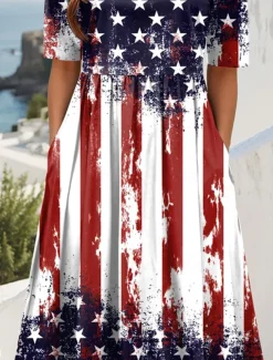 Women's Patriotic Midi Dress Summer Dress Pleated Dress Vacation Casual Holiday Loose Fit Graphic Striped American Flag Half Sleeve Crew Neck Red Blue Dark Blue Summer