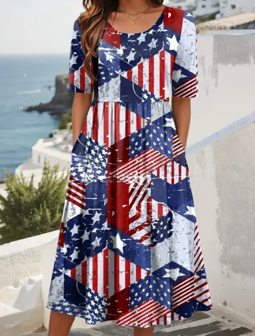Women's Patriotic Midi Dress Summer Dress Pleated Dress Vacation Casual Holiday Loose Fit Graphic Striped American Flag Half Sleeve Crew Neck Red Blue Dark Blue Summer